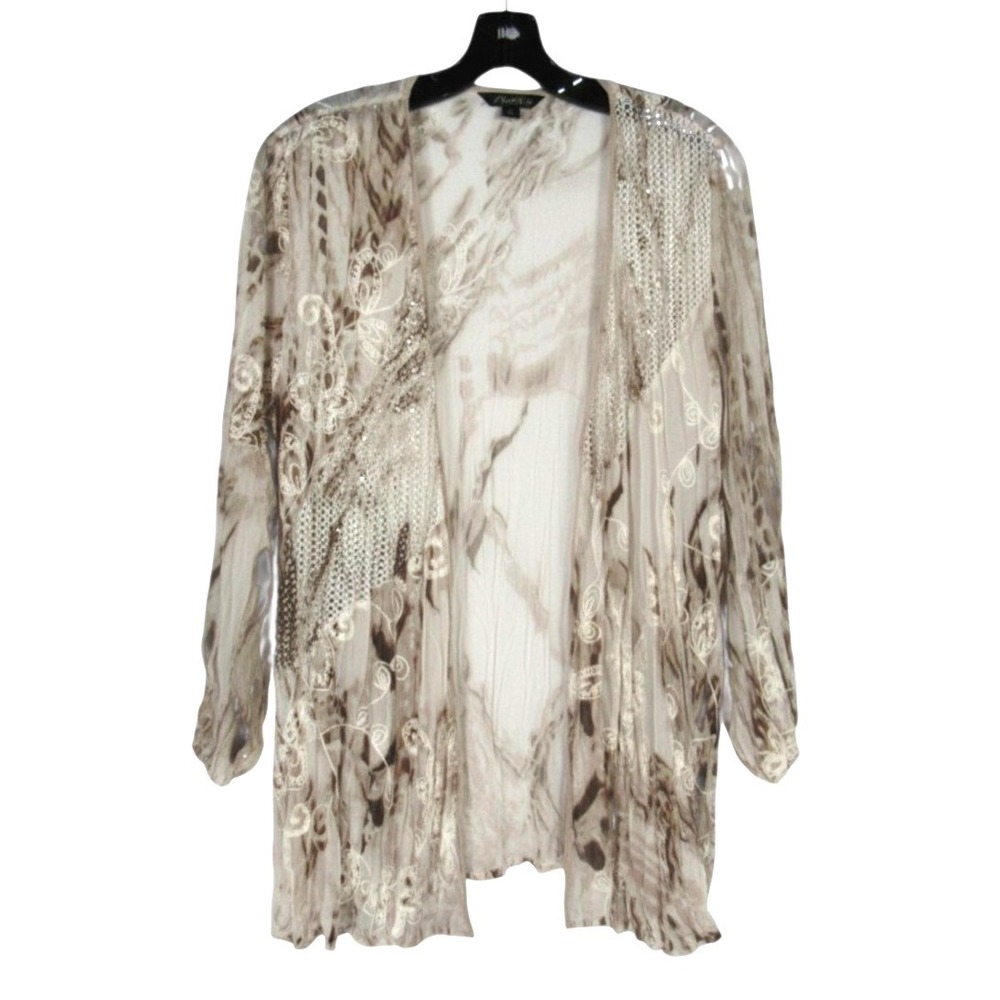 CHICO'S TRAVELERS Beige CRINKLE CHIFFON Mesh/Floral OPEN FRONT Cardigan 0/US-S